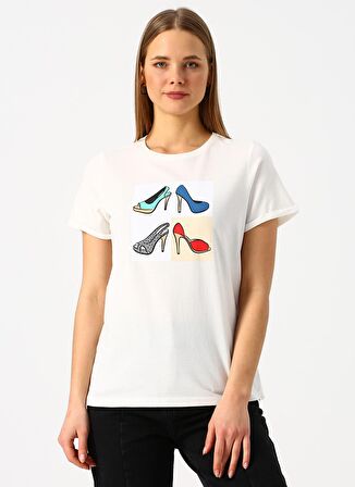 Vero Moda Baskılı Beyaz Bisiklet Yaka Kadın Tişört