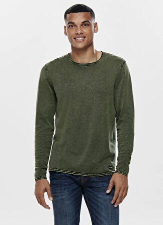 Only & Sons O Yaka Normal Düz Haki Erkek Kazak ONSGARSON 12 WASH CREW KNIT NOOS