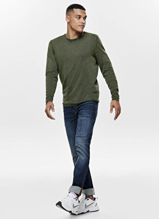 Only & Sons O Yaka Normal Düz Haki Erkek Kazak ONSGARSON 12 WASH CREW KNIT NOOS