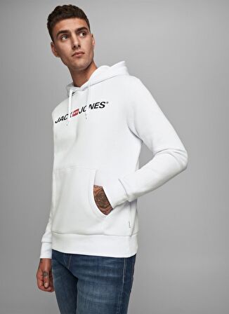 Jack & Jones 12137054_Jjecorp Old Logo Sweat Hoo Kapüşonlu Uzun Kollu  Regular Fit Baskılı Beyaz Erkek Sweatshirt
