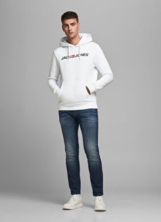 Jack & Jones 12137054_Jjecorp Old Logo Sweat Hoo Kapüşonlu Uzun Kollu  Regular Fit Baskılı Beyaz Erkek Sweatshirt