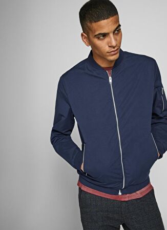 Jack & Jones 12165203_Jjerush Bomber Noos Bomber Yaka Uzun Kollu  Normal Kalıp Düz Lacivert Erkek Mont