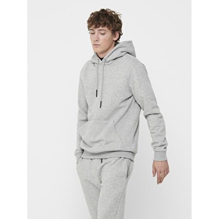 Only & Sons Kapüşonlu Düz Açık Gri Erkek Sweatshirt