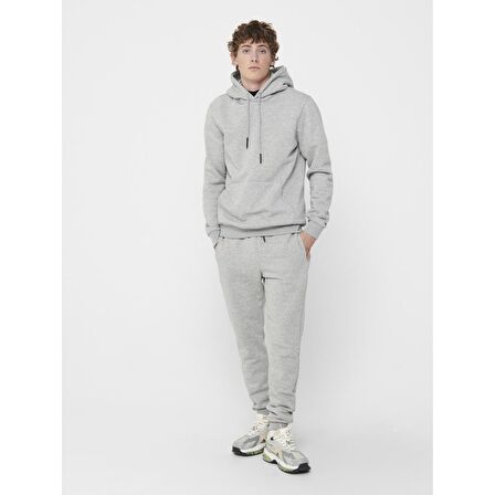Only & Sons Kapüşonlu Düz Açık Gri Erkek Sweatshirt