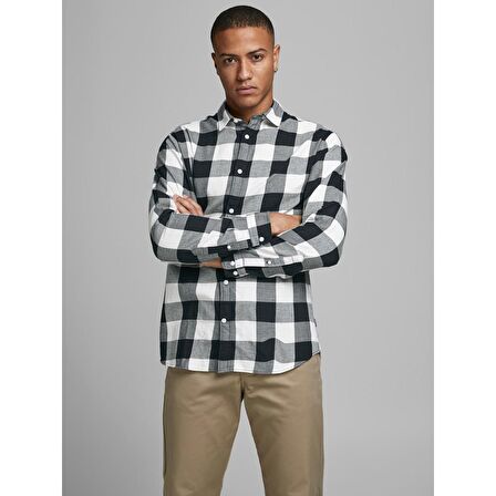 Jack&Jones Slim Fit Uzun Kollu Beyaz-Siyah Erkek Gömlek 12181602