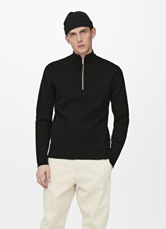 Only & Sons Düz Siyah Erkek Polar Sweatshırt ONSDAVIS LIFE FLEECE JACKET OTW