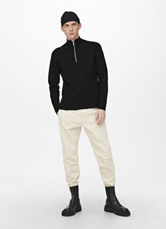Only & Sons Düz Siyah Erkek Polar Sweatshırt ONSDAVIS LIFE FLEECE JACKET OTW