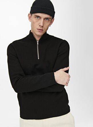 Only & Sons Düz Siyah Erkek Polar Sweatshırt ONSDAVIS LIFE FLEECE JACKET OTW