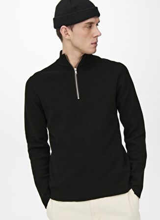 Only & Sons Düz Siyah Erkek Polar Sweatshırt ONSDAVIS LIFE FLEECE JACKET OTW