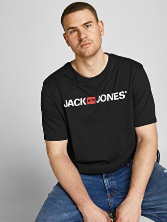 Jack&Jones Sıfır Yaka Büyük Beden Siyah Erkek T-Shirt 12184987