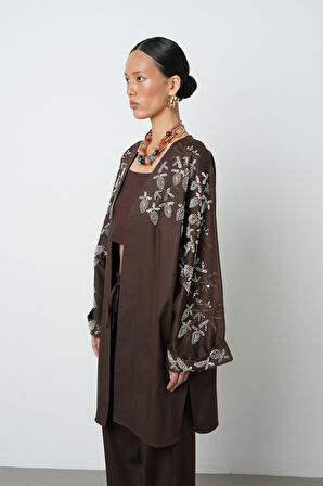 Kadın Yakası Ve Kolları Boncuk İşlemeli Oversize Uzun Kimono