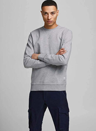 Jack & Jones Düz Yaka Gri Erkek Sweatshırt 12181903_JJEBASIC SWEAT CREW NECK N