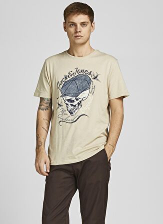 Jack & Jones 12205684_Jordome Tee Bisiklet Yaka Standart Kalıp Baskılı Krem Erkek T-Shirt