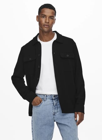 Only & Sons Normal Siyah Düz Erkek Gömlek ONSNEWKODYL OVERSHIRT SWEAT NOOS