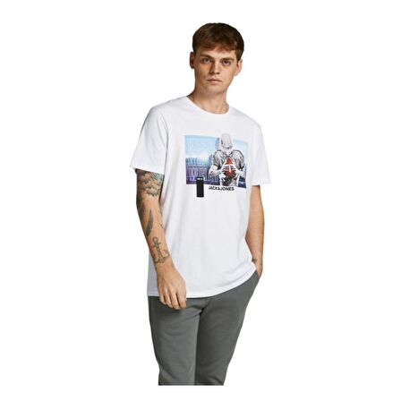 Jack & Jones 12206628_Jconate Ss Tee Crew Neck O Yaka Regular Fit Baskılı Beyaz Erkek T-Shirt