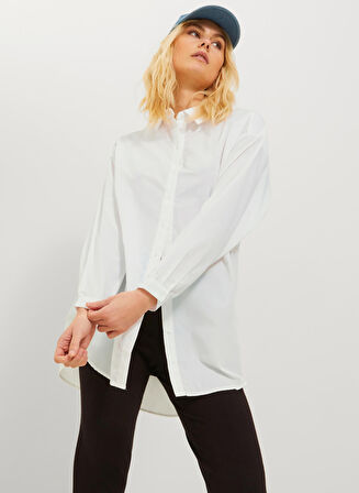JJXX Bol Kesim Gömlek Yaka Düz Beyaz Kadın Gömlek JXMISSION LS OVERSIZE SHIRT NOOS