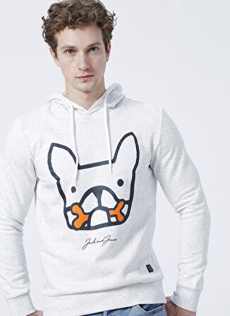Jack & Jones 12207655_Jormate Sweat Hood Fst Kapüşonlu Regular Fit Baskılı Beyaz Erkek Sweatshirt