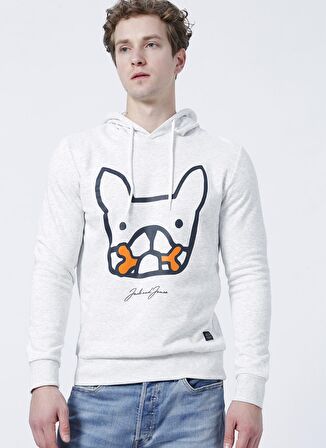 Jack & Jones 12207655_Jormate Sweat Hood Fst Kapüşonlu Regular Fit Baskılı Beyaz Erkek Sweatshirt