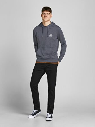 12205081 Jack Jones Jjeshark Sweat Hood Noos Erkek Sweat Dark Grey Melange/PrintWhite