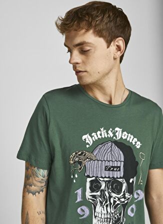 Jack & Jones 12205684_Jordome Tee Bisiklet Yaka  Standart Kalıp Baskılı Koyu Yeşil Erkek T-Shirt