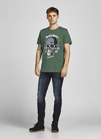 Jack & Jones 12205684_Jordome Tee Bisiklet Yaka  Standart Kalıp Baskılı Koyu Yeşil Erkek T-Shirt