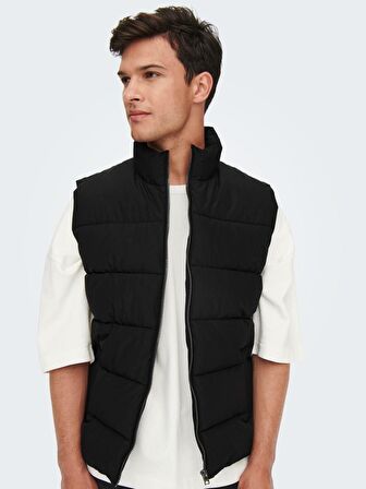 Only & Sons Siyah Dik Yaka Erkek Kapitone Şişme Yelek ONSMELVIN LIFE PUFFER VEST OTW VD