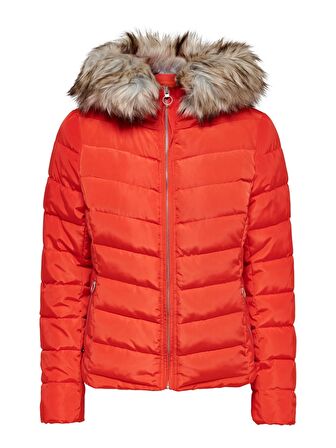 Only Kürk Detaylı Kırmızı Kadın Kısa Şişme Mont 15158943