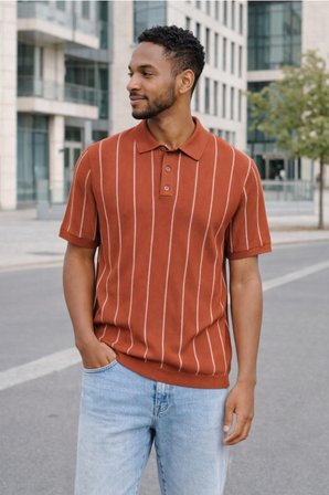 Only & Sons Erkek Çizgili Gömlek Yaka Turuncu T-Shirt - 22037080