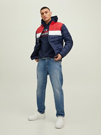 12211788 Jack Jones Jjehero Puffer Collar Noos Erkek Mont Navy Blazer/TRUE RED BLOCKING