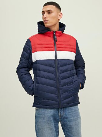 12211788 Jack Jones Jjehero Puffer Collar Noos Erkek Mont Navy Blazer/TRUE RED BLOCKING