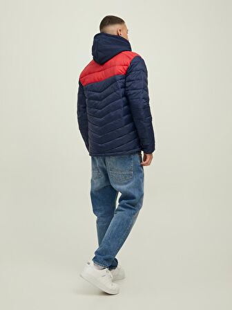 12211788 Jack Jones Jjehero Puffer Collar Noos Erkek Mont Navy Blazer/TRUE RED BLOCKING