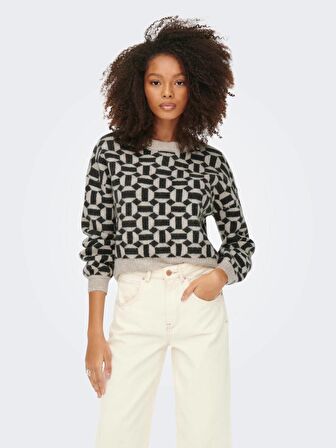 15268015 Only Onlgeo Lıfe L/S Pullover Knt Kadın Kazak Oatmeal/MELANGE/BLACK MELANGE