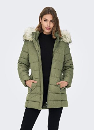 Only Açık Haki Kadın Kaban ONLNEWELLAN QUILTED HOOD FUR COAT C