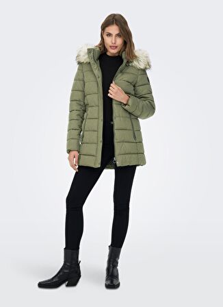 Only Açık Haki Kadın Kaban ONLNEWELLAN QUILTED HOOD FUR COAT C