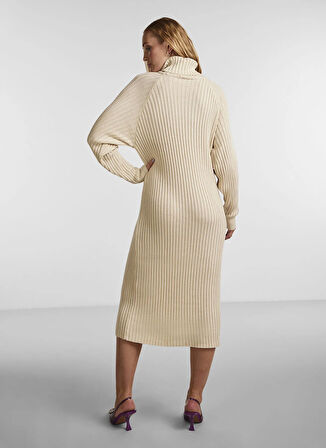 Yas Tam Balıkçı Yaka Düz Krem Uzun Kadın Elbise YASMAVI KNIT MIDI ROLLNECK DRESS NO