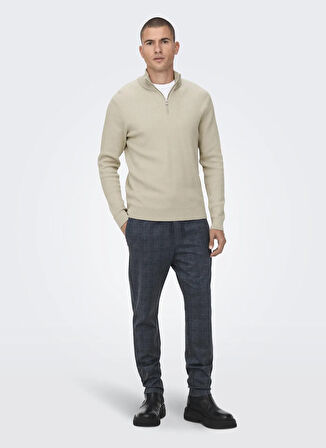 Only & Sons Normal Düz Ekru Erkek Kazak ONSPHIL REG 12 STRUC HALF ZIP KNIT