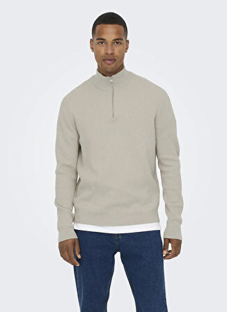 Only & Sons Normal Düz Ekru Erkek Kazak ONSPHIL REG 12 STRUC HALF ZIP KNIT