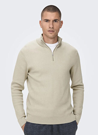 Only & Sons Normal Düz Ekru Erkek Kazak ONSPHIL REG 12 STRUC HALF ZIP KNIT