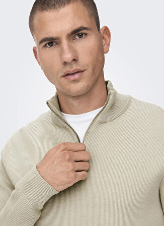 Only & Sons Normal Düz Ekru Erkek Kazak ONSPHIL REG 12 STRUC HALF ZIP KNIT