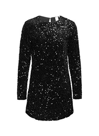 Only O Yaka Pullu Siyah Standart Kadın Elbise ONLANIKA SEQUIN LS DRESS WVN