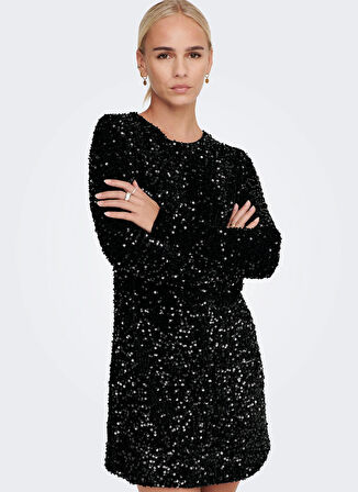 Only O Yaka Pullu Siyah Standart Kadın Elbise ONLANIKA SEQUIN LS DRESS WVN