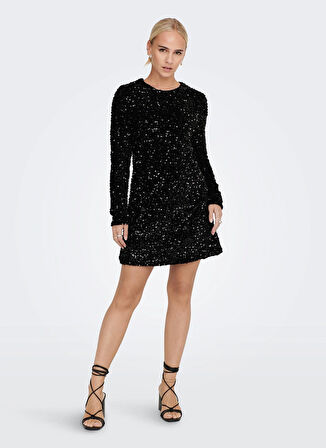 Only O Yaka Pullu Siyah Standart Kadın Elbise ONLANIKA SEQUIN LS DRESS WVN