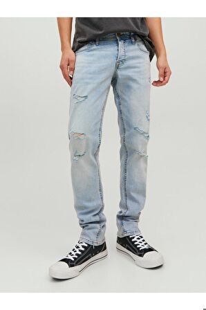 Jack & Jones Erkek Glenn Dar Kesim Yırtık Kot Pantolon - 12223504