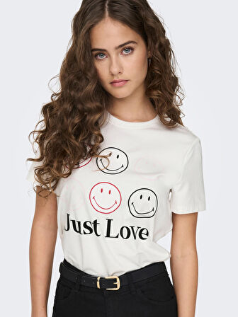 Only O Yaka Baskılı Beyaz Kadın T-Shirt 15286860