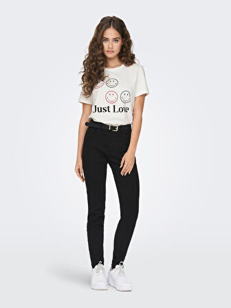 Only O Yaka Baskılı Beyaz Kadın T-Shirt 15286860