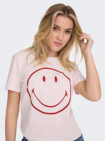 Only O Yaka Baskılı Pembe Kadın T-Shirt 15286860