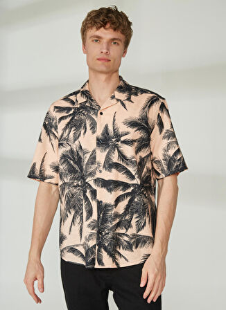 Only & Sons Rahat Açık Turuncu Desenli Erkek Gömlek ONSTIE RLX CTN LINEN PALM SS SHIRT
