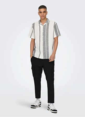 Only & Sons Normal Beyaz Çizgili Erkek Gömlek ONSCAIDEN SS STRIPE LINEN RESORT SH