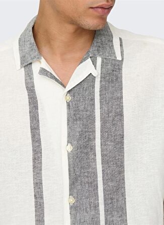 Only & Sons Normal Beyaz Çizgili Erkek Gömlek ONSCAIDEN SS STRIPE LINEN RESORT SH