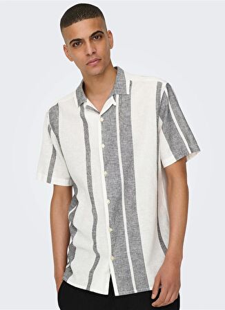 Only & Sons Normal Beyaz Çizgili Erkek Gömlek ONSCAIDEN SS STRIPE LINEN RESORT SH